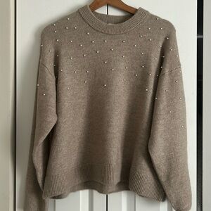 H&M Wool Blend Pearl Embellished Tan Sweater